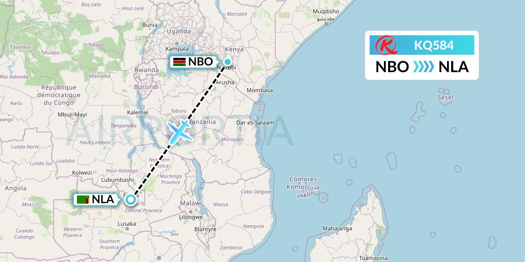 KQ584 Kenya Airways Flight Map: Nairobi to Ndola
