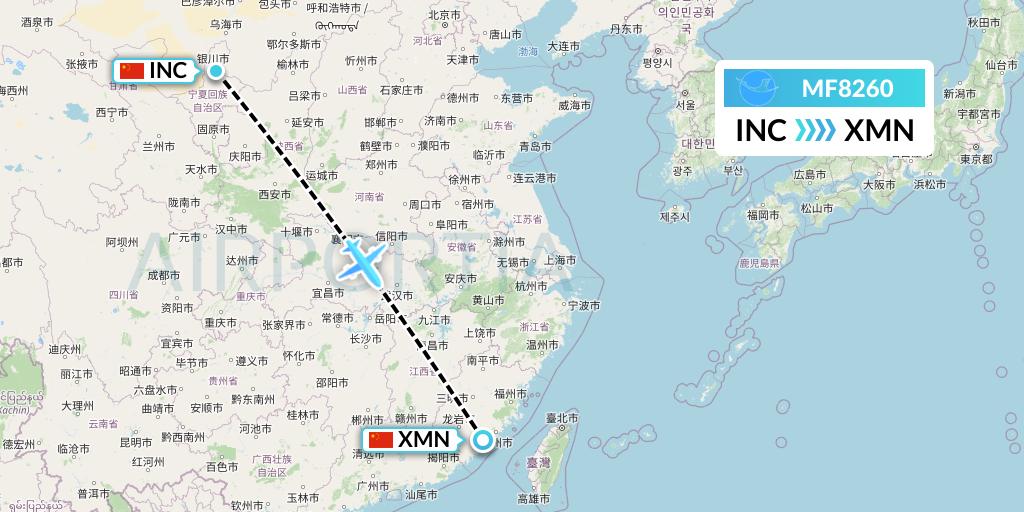 MF8260 Xiamen Airlines Flight Map: Yinchuan to Xiamen