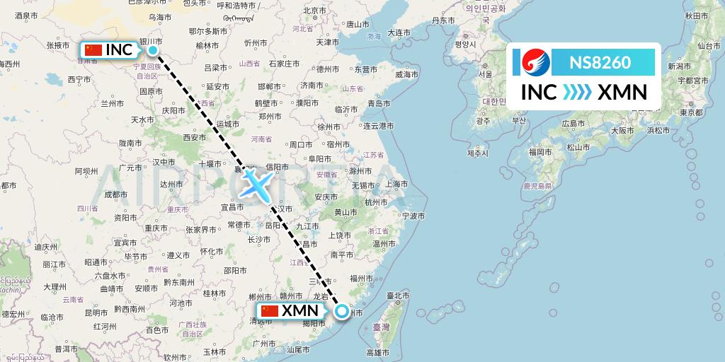 NS8260 Hebei Airlines Flight Map: Yinchuan to Xiamen