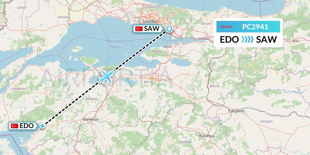 PC2941 Pegasus Airlines Flight Map: Edremit to Istanbul