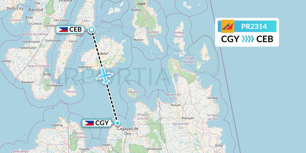 PR2314 Philippine Airlines Flight Map: Cagayan de Oro to Cebu