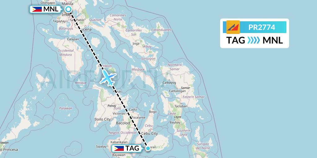 PR2774 Philippine Airlines Flight Map: Tagbilaran City to Manila