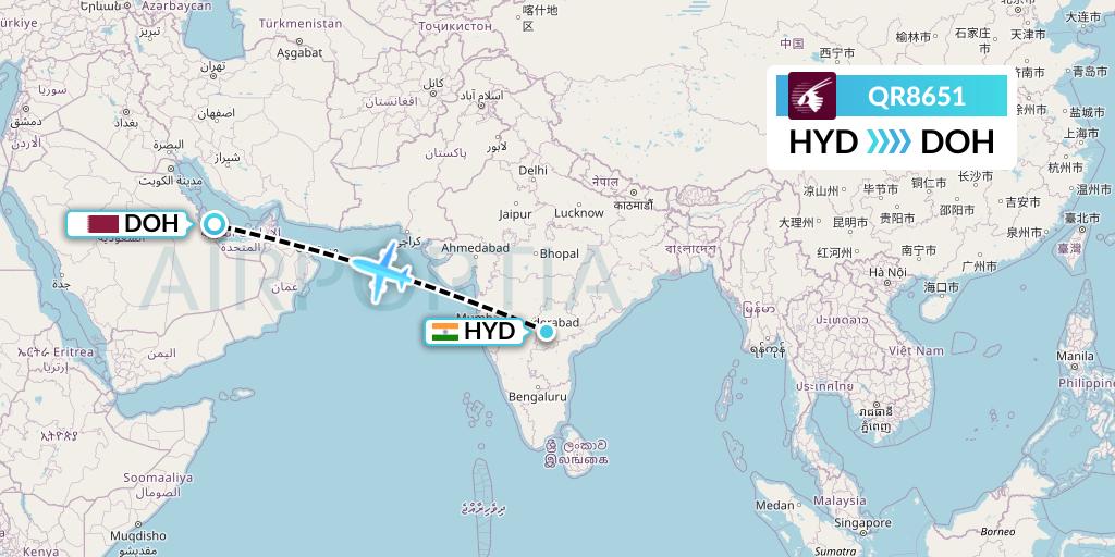 QR8651 Qatar Airways Flight Map: Hyderabad to Doha