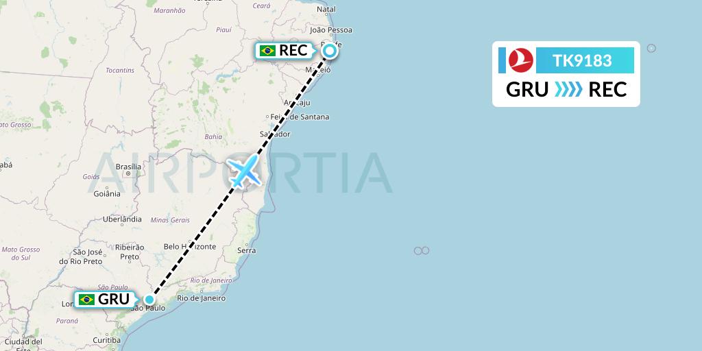 TK9183 Turkish Airlines Flight Map: Sao Paulo to Recife