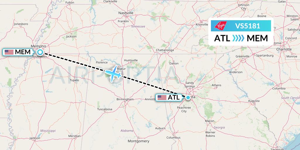 VS5181 Virgin Atlantic Airways Flight Map: Atlanta to Memphis