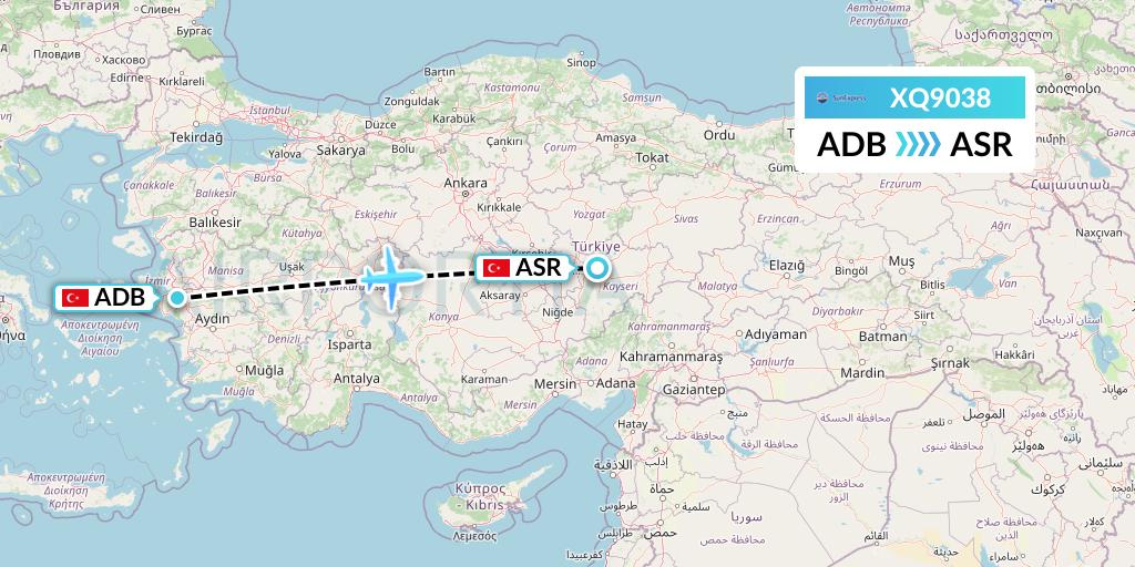 XQ9038 SunExpress Flight Map: Izmir to Kayseri