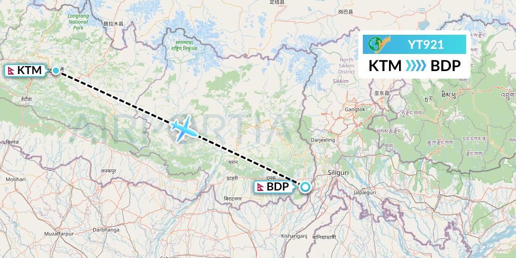 YT921 Yeti Airlines Flight Map: Kathmandu to Bhadrapur