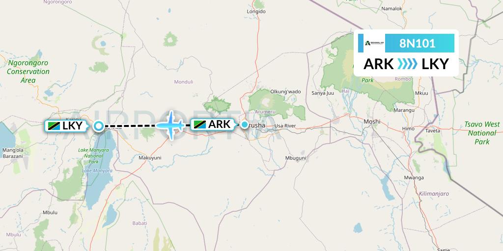 8N101 Regional Air Services Flight Map: Arusha to Lake Manyara National Park