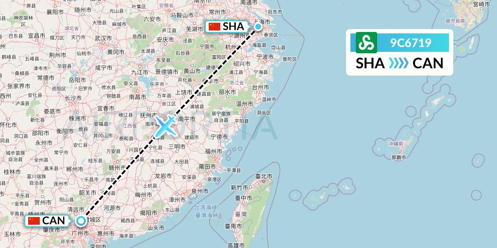 9C6719 Spring Airlines Flight Map: Shanghai to Guangzhou