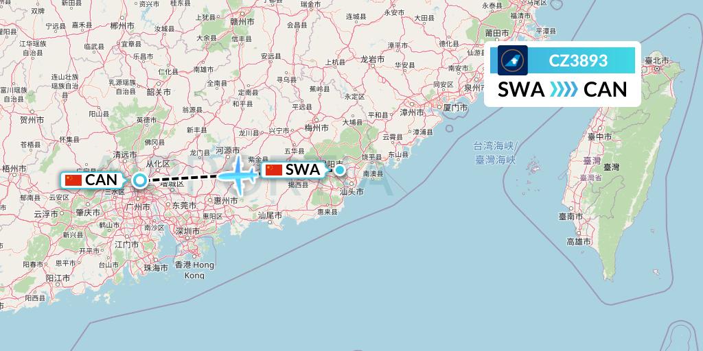 CZ3893 China Southern Airlines Flight Map: Jieyang to Guangzhou