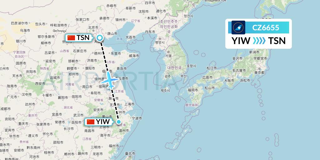 CZ6655 China Southern Airlines Flight Map: Yiwu to Tianjin