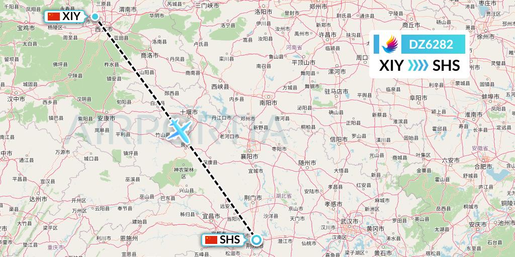 DZ6282 Donghai Airlines Flight Map: Xi'an to Shashi