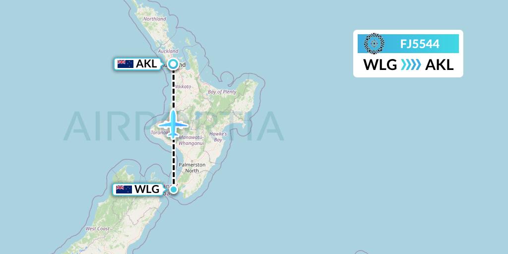 FJ5544 Fiji Airways Flight Map: Wellington to Auckland
