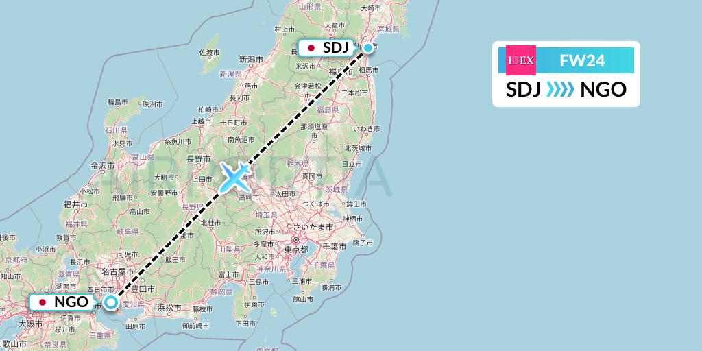 FW24 Ibex Airlines Flight Map: Sendai to Nagoya