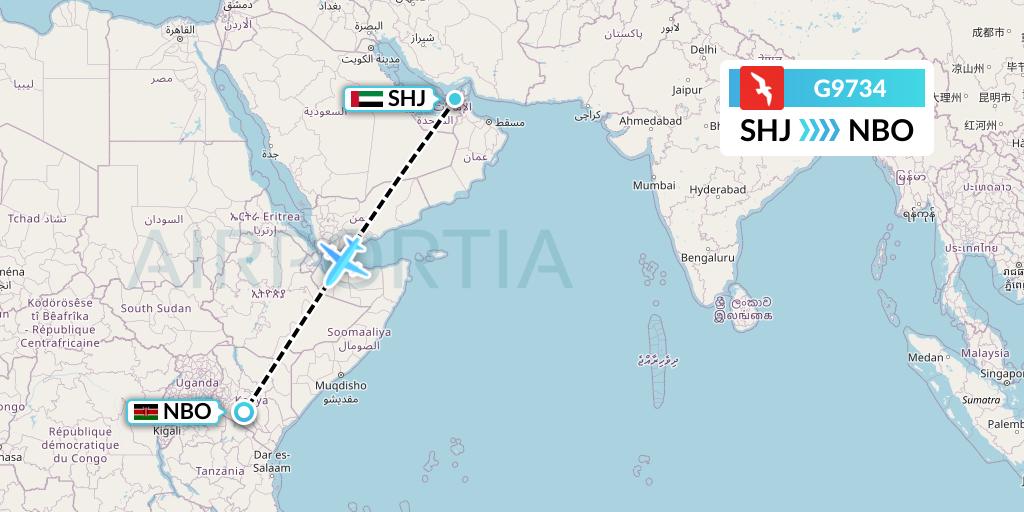 G9734 Air Arabia Flight Map: Sharjah to Nairobi