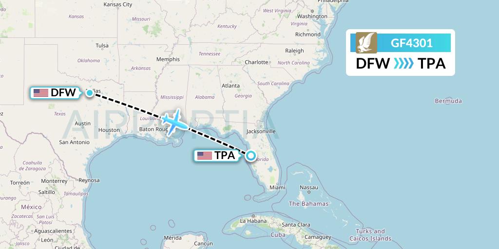 GF4301 Gulf Air Flight Map: Dallas to Tampa