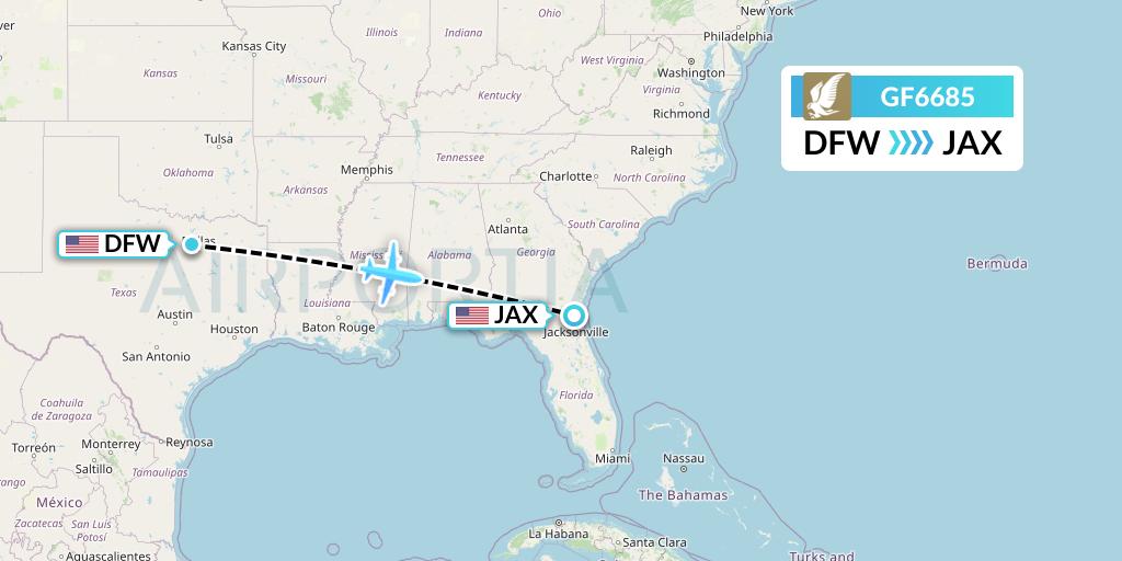 GF6685 Gulf Air Flight Map: Dallas to Jacksonville