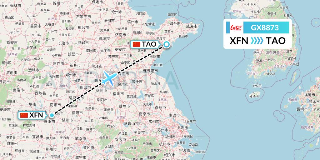 GX8873 GX Airlines Flight Map: Xiangyang to Qingdao