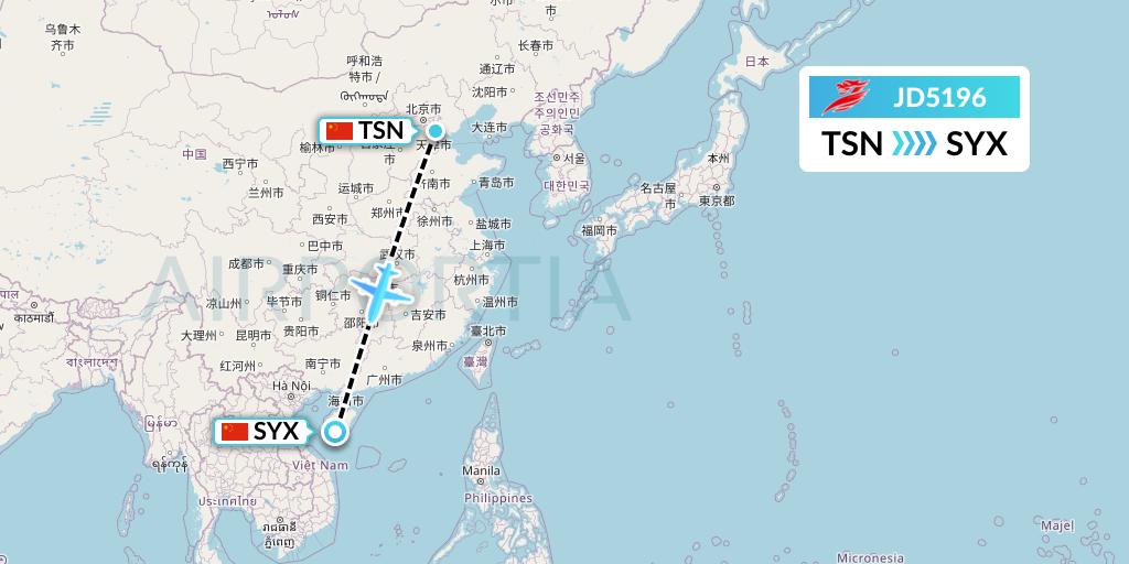 JD5196 Capital Airlines Flight Map: Tianjin to Sanya