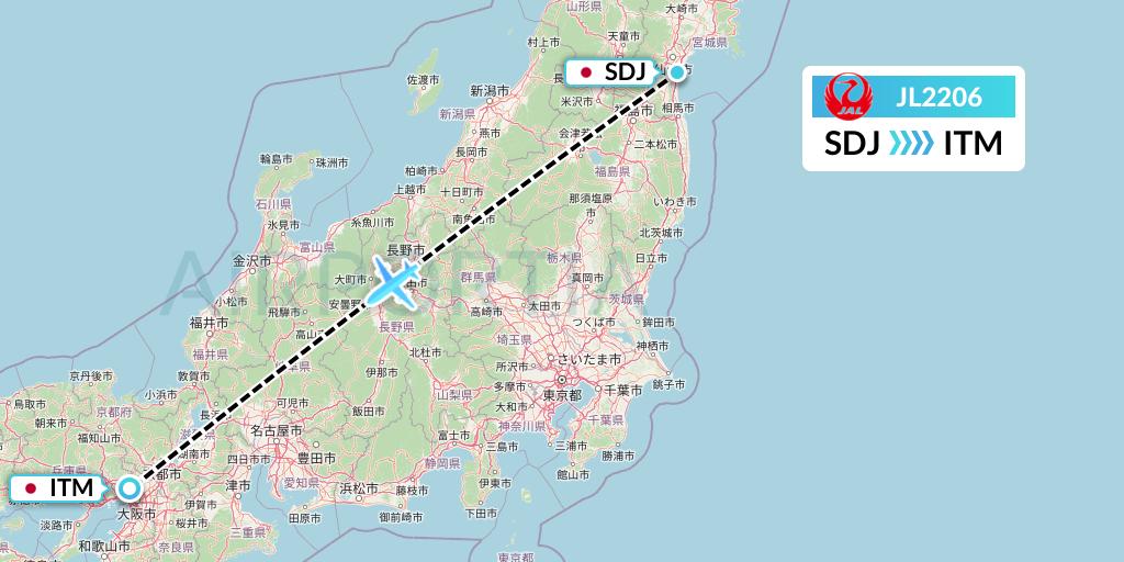 JL2206 Japan Airlines Flight Map: Sendai to Osaka