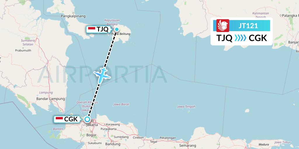JT121 Lion Airlines Flight Map: Tanjung Pandan to Jakarta