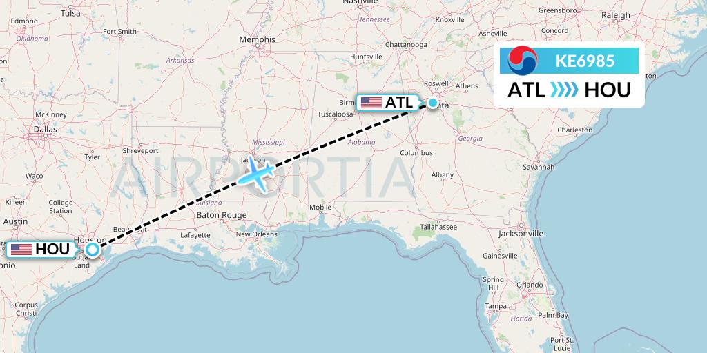 KE6985 Korean Air Flight Map: Atlanta to Houston