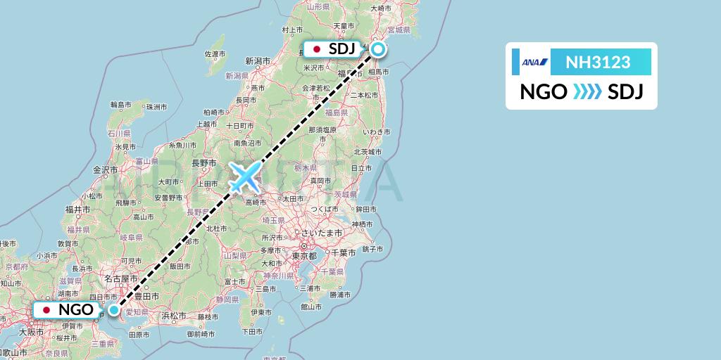 NH3123 All Nippon Airways Flight Map: Nagoya to Sendai