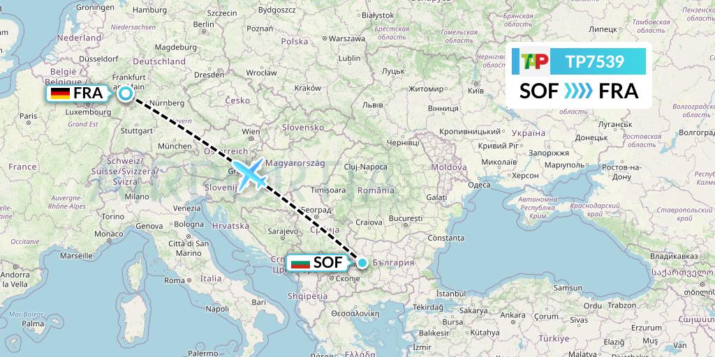 TP7539 TAP Portugal Flight Map: Sofia to Frankfurt