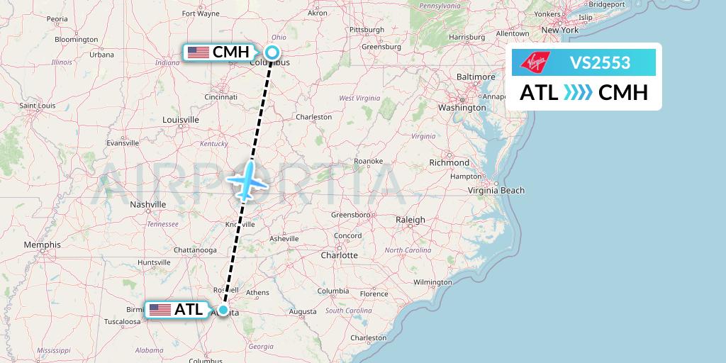 VS2553 Virgin Atlantic Airways Flight Map: Atlanta to Columbus