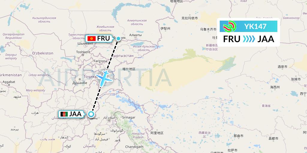 YK147 Avia Traffic Flight Map: Bishkek to Afghanistan