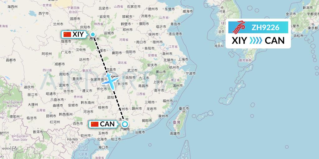 ZH9226 Shenzhen Airlines Flight Map: Xi'an to Guangzhou