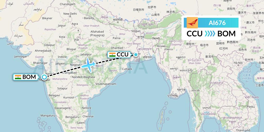 AI676 Air India Flight Map: Kolkata to Mumbai