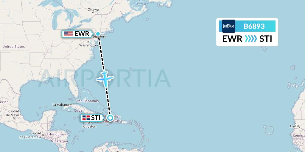 B6893 JetBlue Airways Flight Map: New York to Santiago de los Caballeros