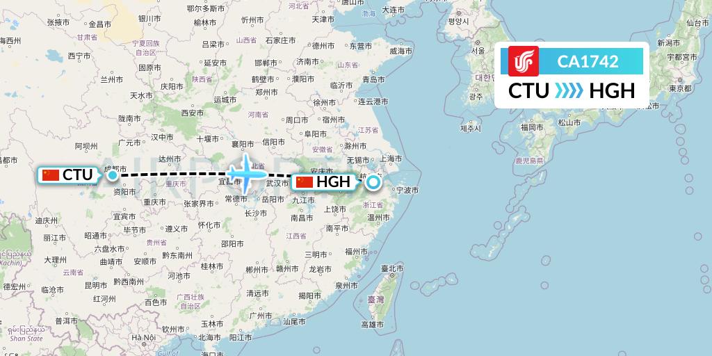 CA1742 Air China Flight Map: Chengdu to Hangzhou