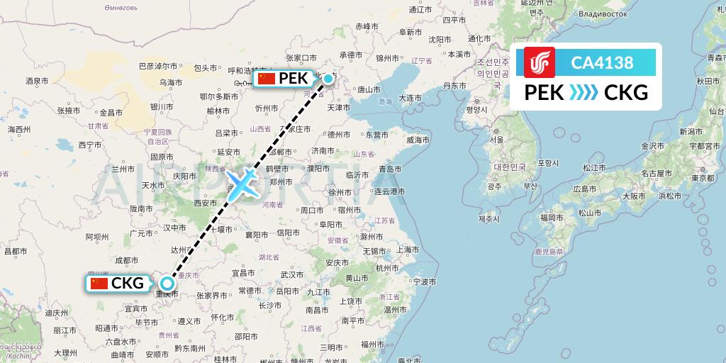 CA4138 Air China Flight Map: Beijing to Chongqing