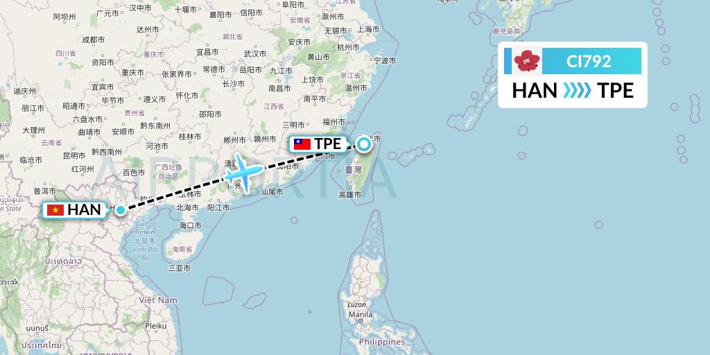 CI792 China Airlines Flight Map: Hanoi to Taipei