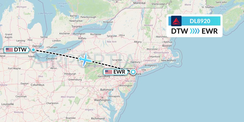 DL8920 Delta Air Lines Flight Map: Detroit to New York