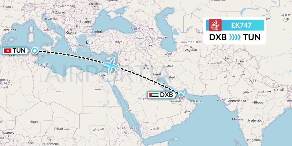 EK747 Emirates Flight Map: Dubai to Tunis