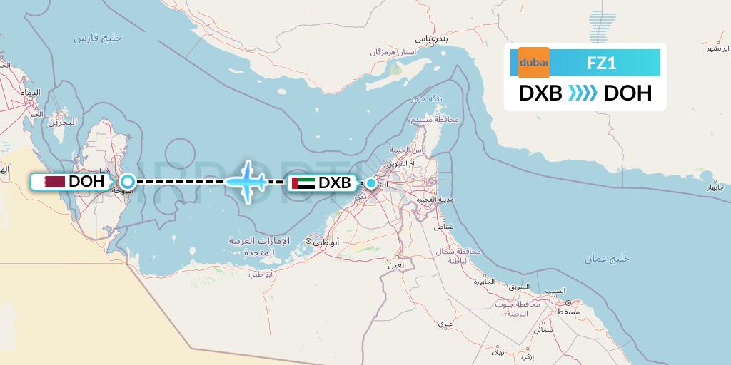 FZ1 FlyDubai Flight Map: Dubai to Doha
