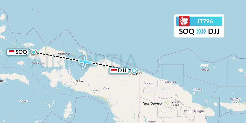 JT796 Lion Airlines Flight Map: Sorong to Jayapura