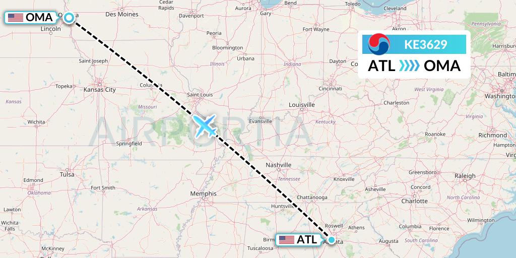 KE3629 Korean Air Flight Map: Atlanta to Omaha