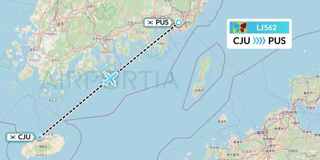 LJ562 Jin Air Flight Map: Jeju to Busan