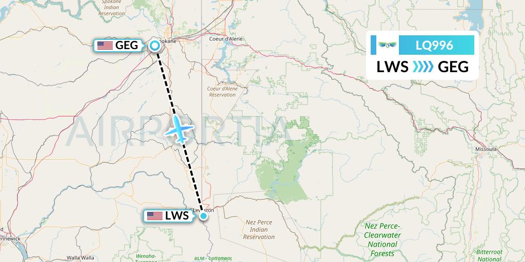 LQ996 Lanmei Airlines Flight Map: Lewiston to Spokane