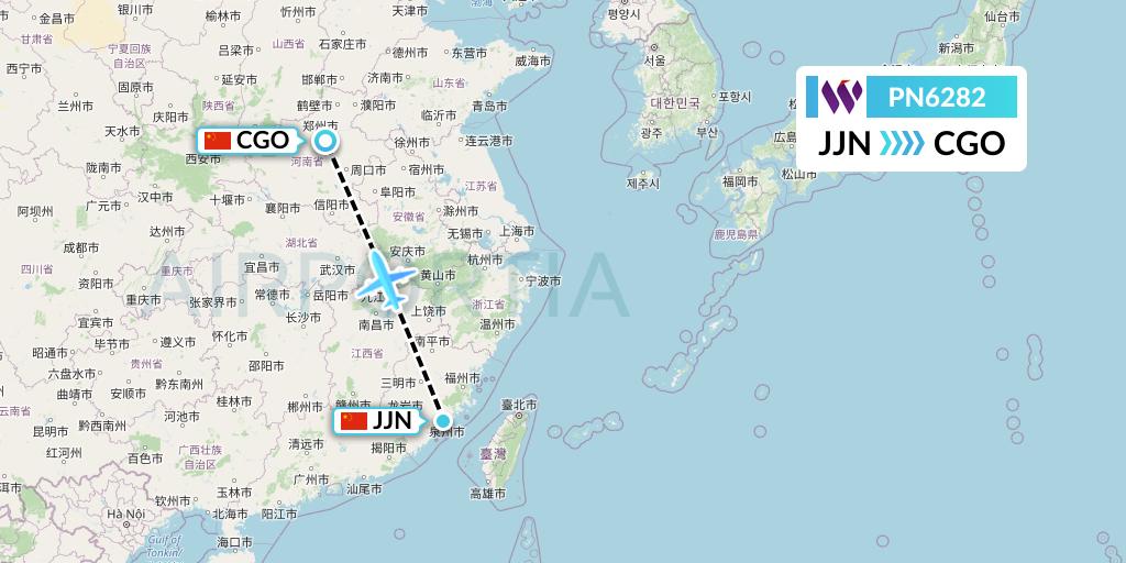 PN6282 China West Air Flight Map: Jinjiang to Zhengzhou