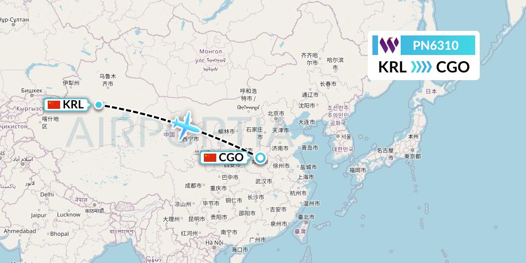 PN6310 China West Air Flight Map: Korla to Zhengzhou