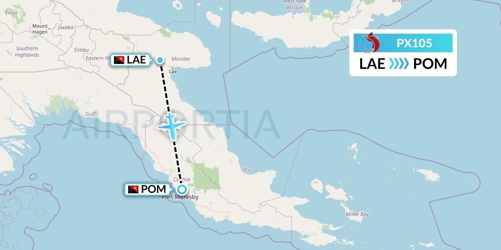PX105 Air Niugini Flight Map: Lae to Port Moresby
