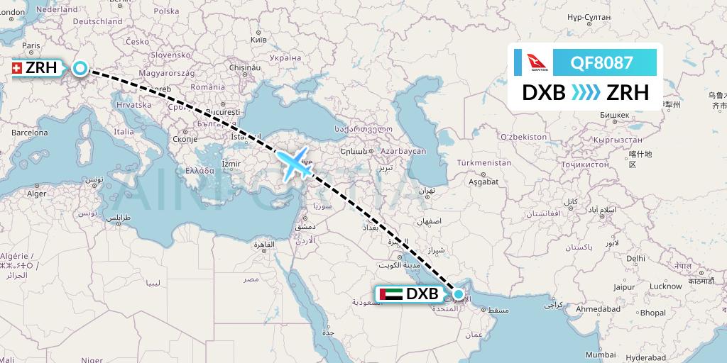 QF8087 Qantas Flight Map: Dubai to Zurich