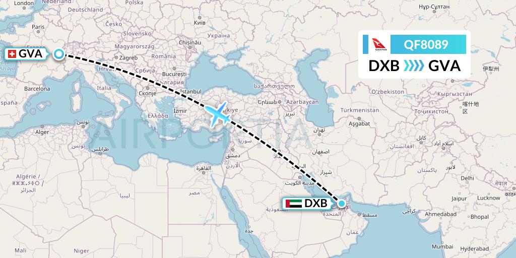 QF8089 Qantas Flight Map: Dubai to Geneva