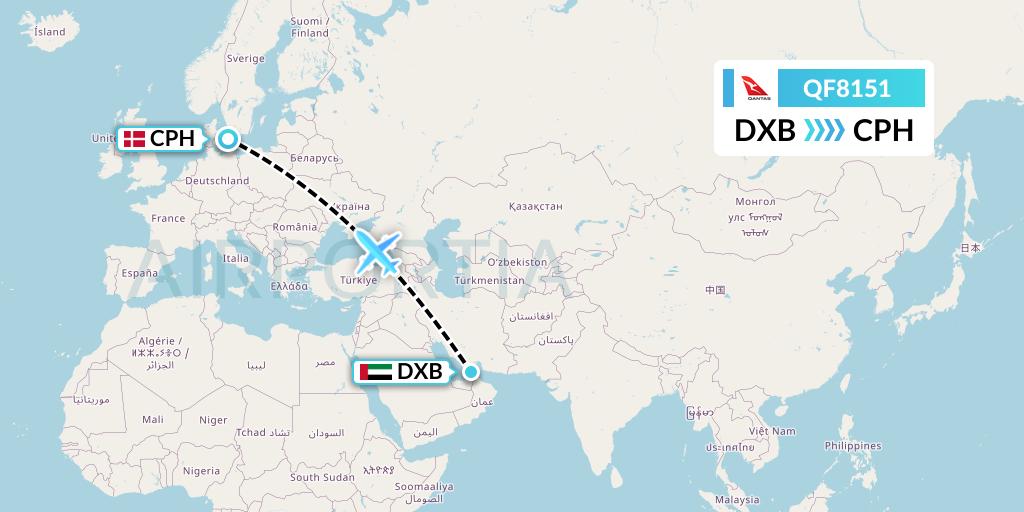 QF8151 Qantas Flight Map: Dubai to Copenhagen