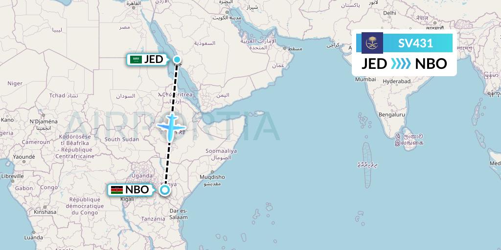 SV431 Saudi Arabian Airlines Flight Map: Jeddah to Nairobi